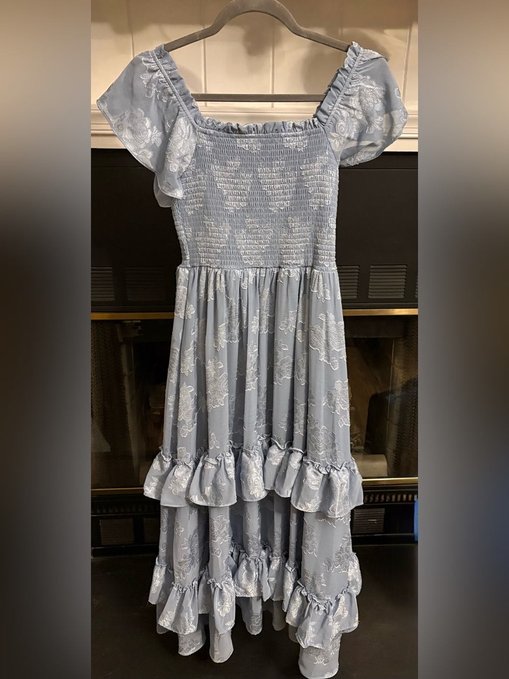 Rare Editions Light Blue Floral Smocked Ruffle Maxi Dress